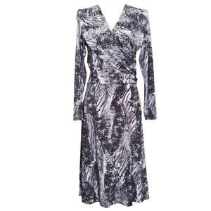 Sharon Max Gray Animal Print Dress Size XL Faux Wrap Stretch Long Sleeve